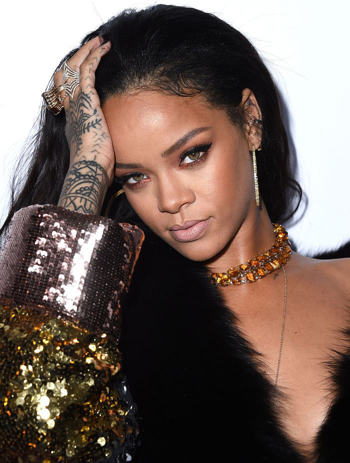 Rihanna at the Moschino fall-winter 2015 show.