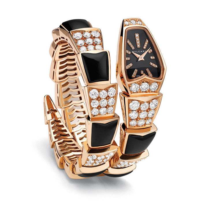 Serpenti watch in pink gold diamond and black onyx bracelet, $81767.25, Bulgari 