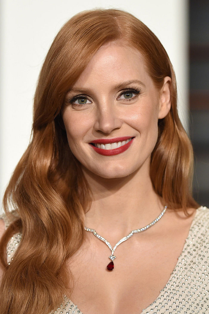 Jessica Chastain wearing Piaget at the Oscars after-party. Picture: Getty Images
