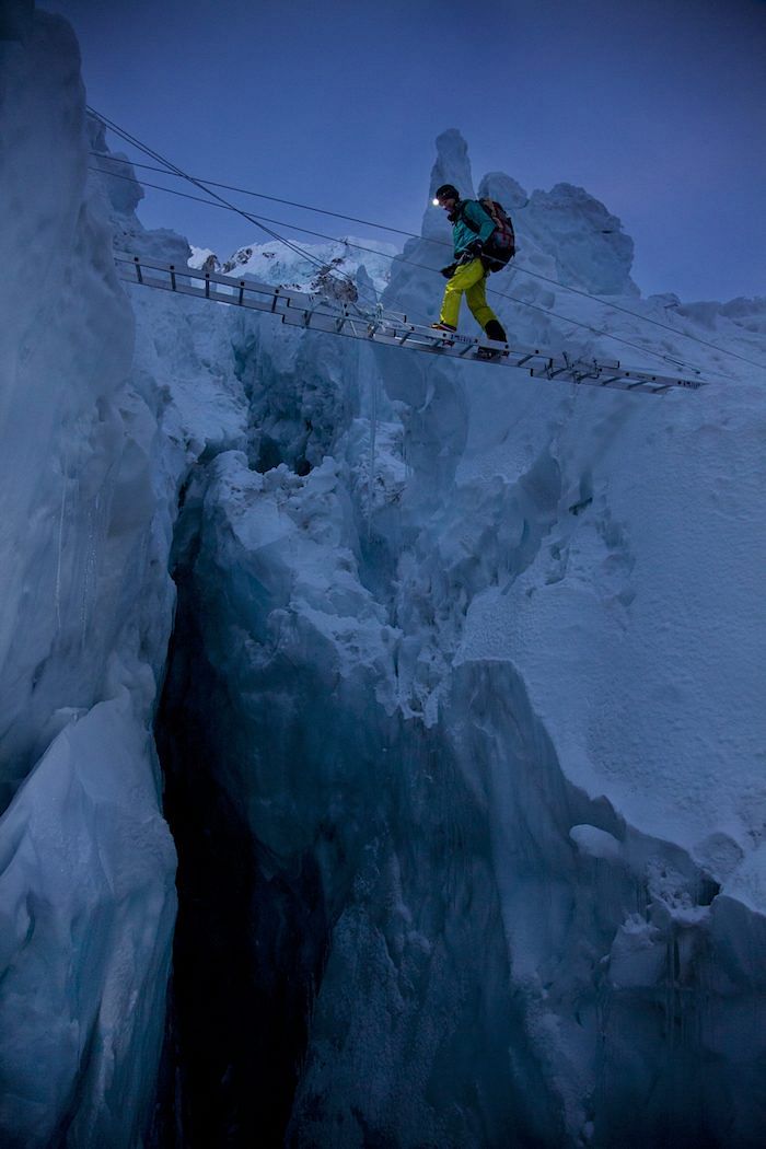 A member of the Perpetual Planet extreme expedition at Khumbu Icefall, Mount Everest.