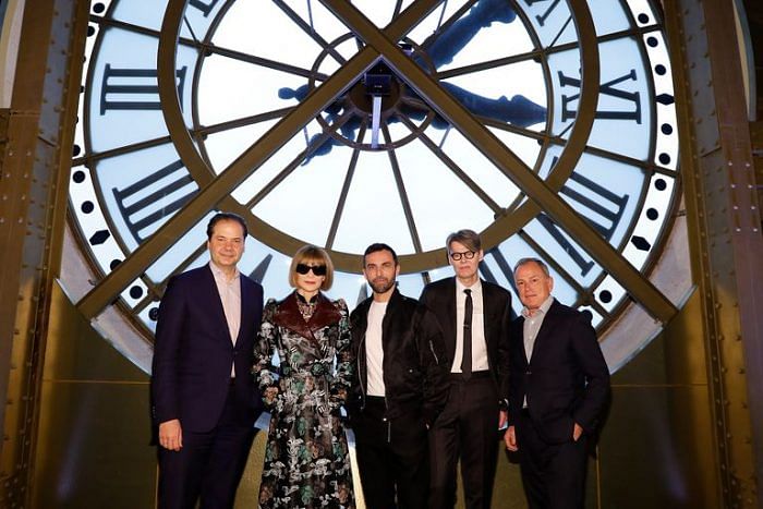 Max Hollein, Anna Wintour, Nicolas Ghesquière, Andrew Bolton, and Michael Burke attend the press preview of About Time: Fashion and Duration, the 2020 Metropolitan Museum of Art Costume Institute exhibition at Musee d’Orsay on February 27, 2020, in Paris, France.