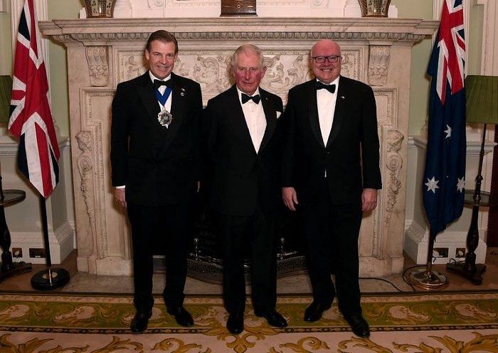 Prince Charles, the Lord Mayor of the City of London, and the High Commissioner for Australia at a dinner for Australian bushfire relief.