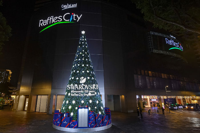 Swarovski's 15m Christmas Tree lights up Raffles City Shopping Centre
