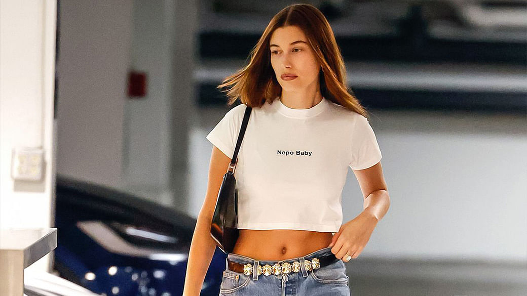 Hailey Bieber Joins the Nepo Baby Discourse in a Statement Tee