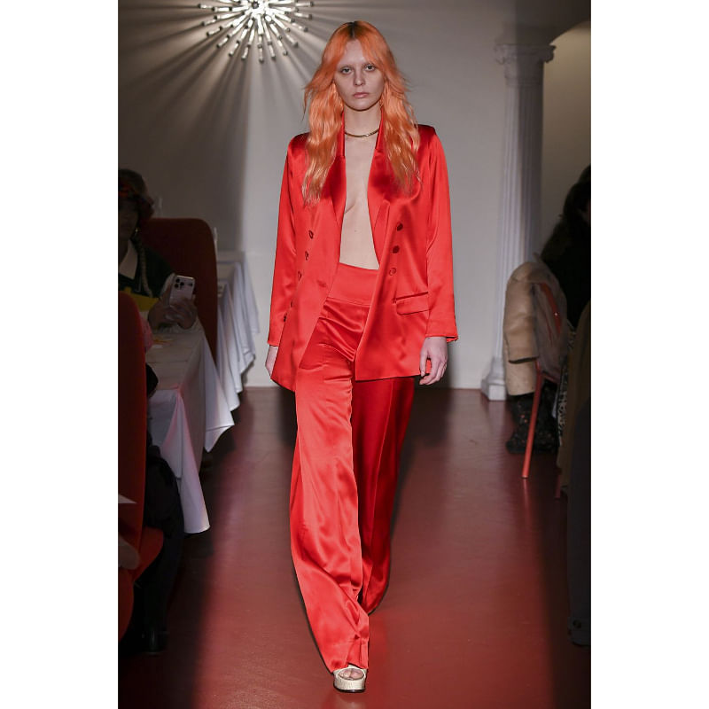 Alejandra Alonso Rojas incorporated silky reds into her collection with tailored suits and slinky dresses.