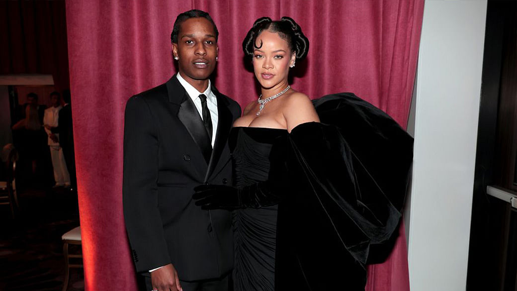 Rihanna and boyfriend A$AP Rocky at the 2023 Golden Globes.