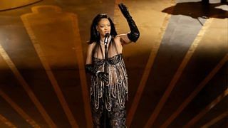 Rihanna performing at the 2023 Oscars