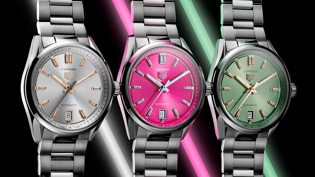 Steel Carrera Date 36mm watch with silver, pink and green dials, $4,550 each
