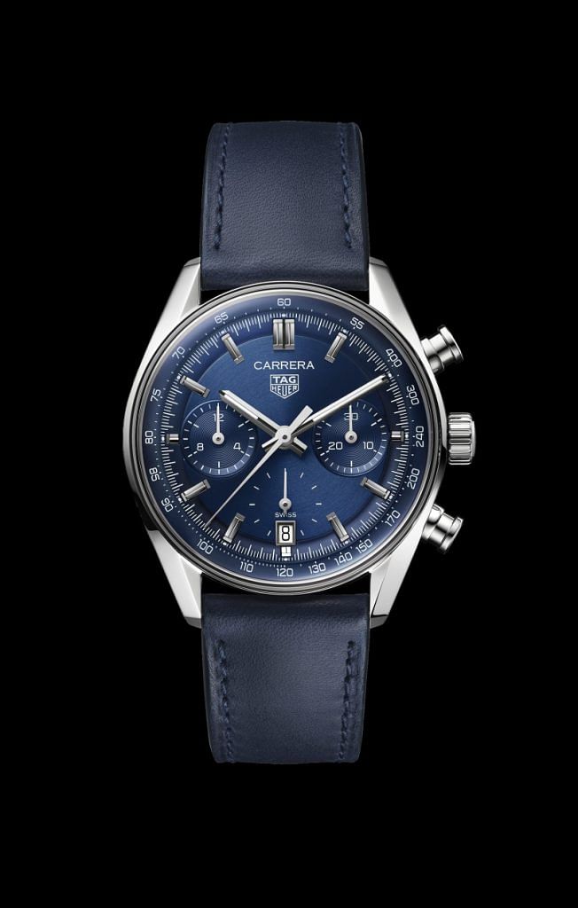 Steel TAG Heuer Carrera Chronograph 39mm watch with blue calfskin strap, $9,200