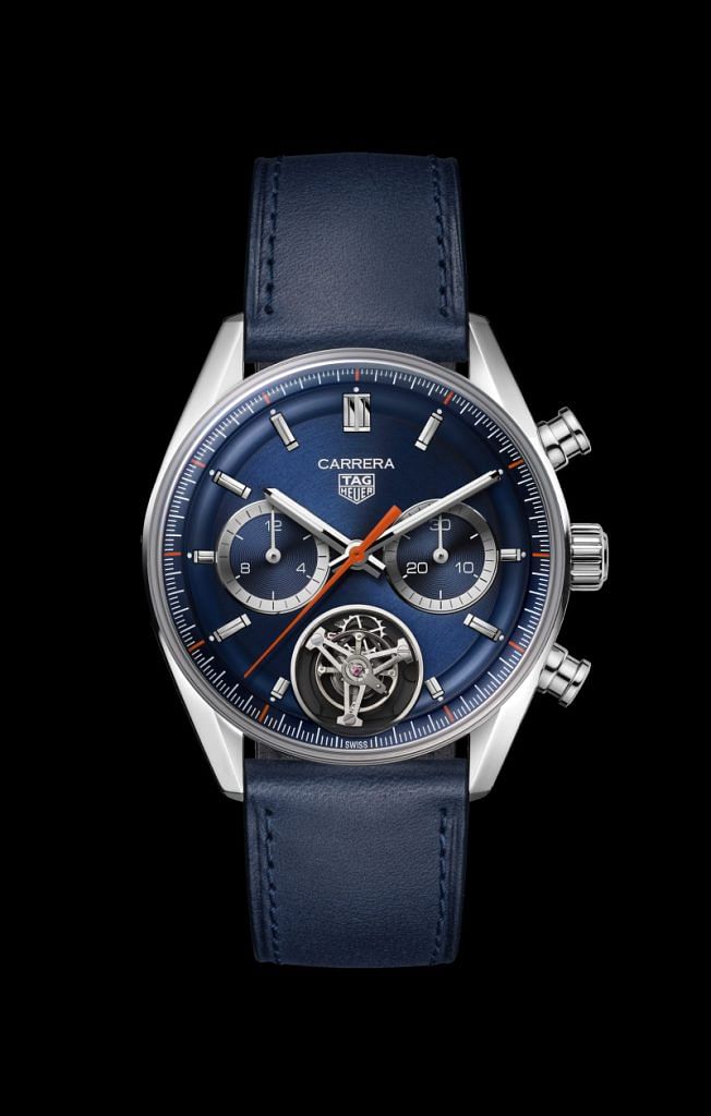 Steel TAG Heuer Carrera Chronograph Tourbillon 42mm watch with blue calfskin strap, $33,950.