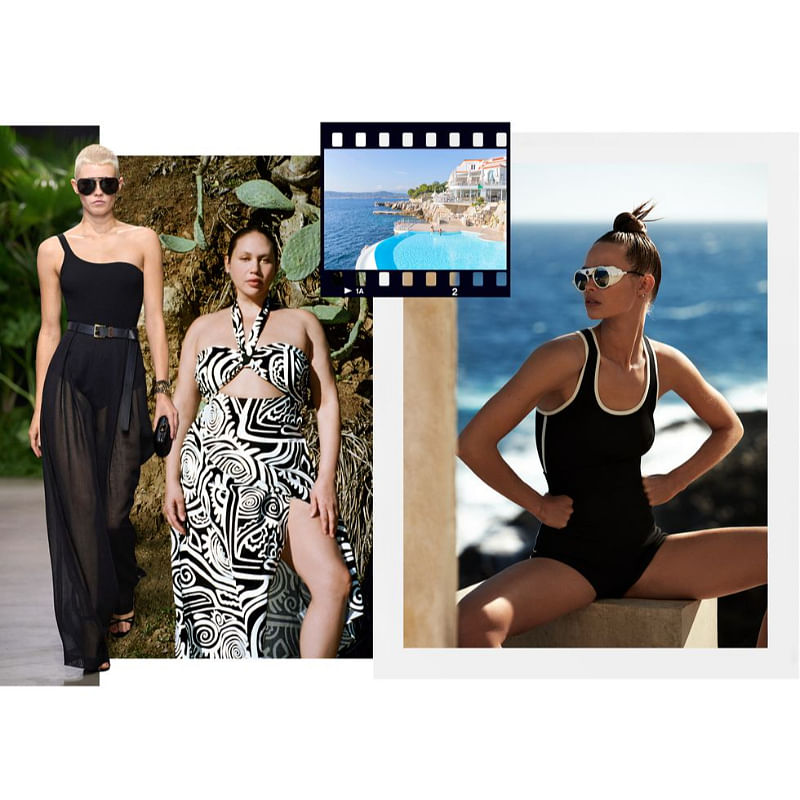 Make a splash in an elevated black one-piece and polished accessories 