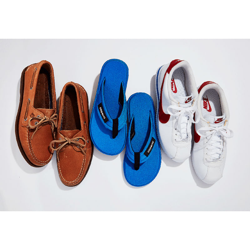 From left: Sperry boat shoes, $110; Coperni flip-flops, $440; Nike Cortez sneakers, $85–$100. 