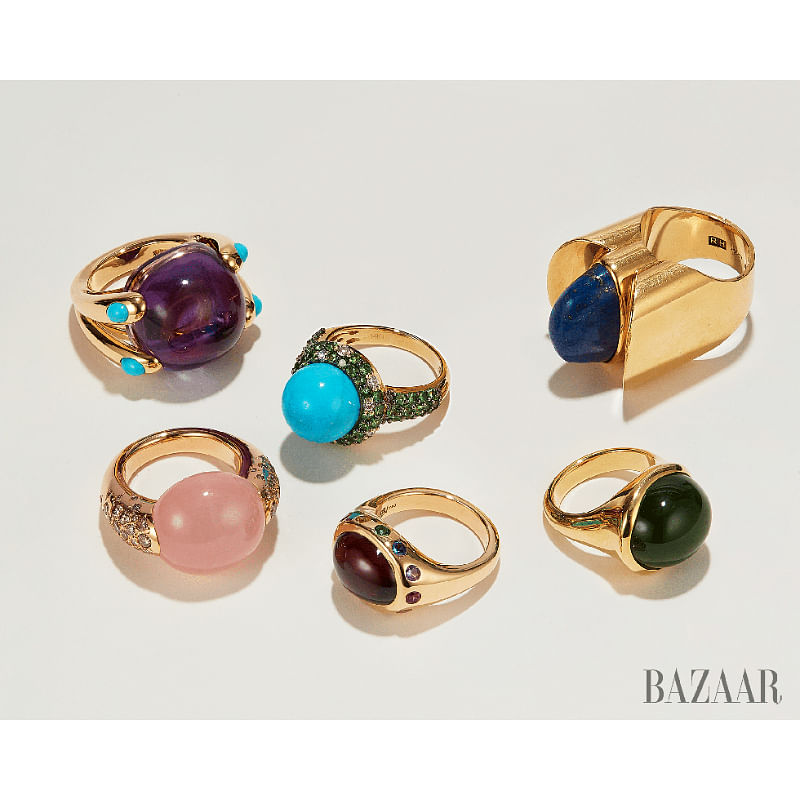 Clockwise from top left: Verdura ring, $13,500. Le Vian ring, $3,248. Mahnaz Collection ring, $5,000. Tiffany & Co. Elsa Peretti cabochon ring, $4,500. Brent Neale ring, $8,350. Pomellato Iconica cocktail ring, $8,850.