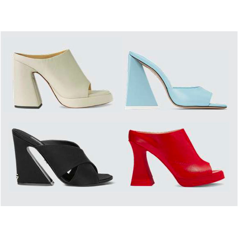 Clockwise from top left: Proenza Schouler platform sandal, $750. The Attico mule, $790; AGL platform sandal, $595. Dolce & Gabbana mule, $845. (Photo: Richard Majchrzak)
