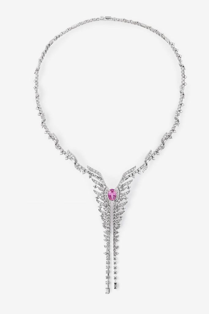 white gold, diamond and pink sapphire Crescendum necklace;